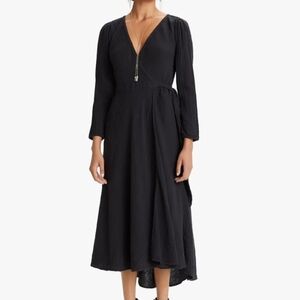 Xirena Reece Black Gauze Slub Cotton Long Sleeve V Neck Maxi Dress Size XS